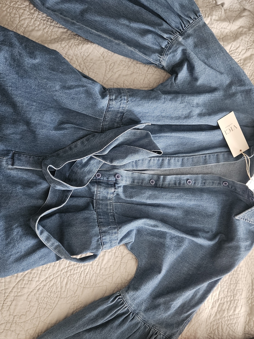 Vici Light Blue Denim Jumpsuit with Tie Waist - Picture 2 of 5